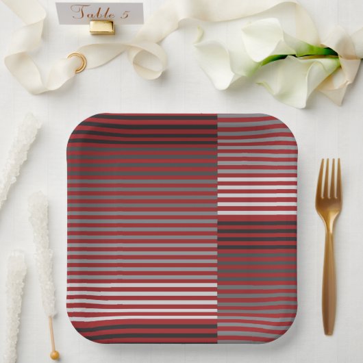 Assiettes En Carton Rouge, Gris, Noir, Rayures Blanches (Mariage)