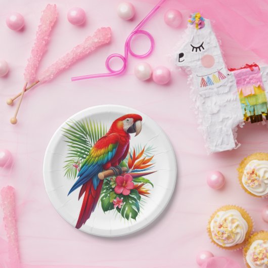 Assiettes En Carton Rouge macaw tropical floral (Fête)