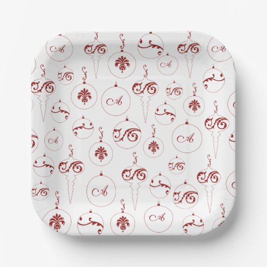 Assiettes En Carton Rouge Monogramme Bauble Ornements Motif Noël (Recto)