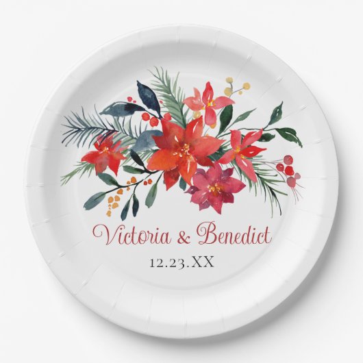 Assiettes En Carton Rouge Noël Poinsettia Élégant Mariage floral (Devant)