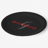 Assiettes En Carton Rouge noir Votre nom Monogramme initial Moderne (Angle)