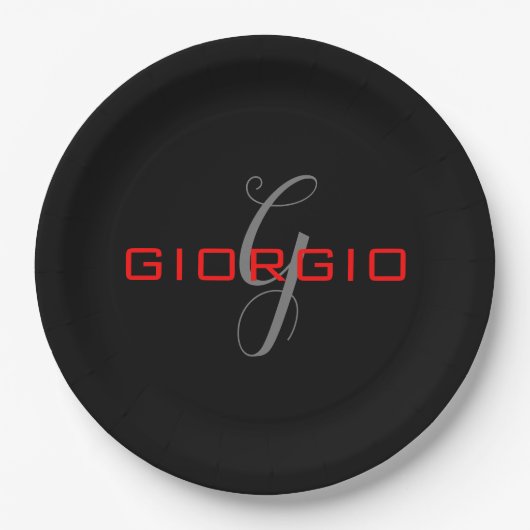 Assiettes En Carton Rouge noir Votre nom Monogramme initial Moderne (Devant)