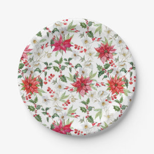Assiettes En Carton Rouge Poinsettia et Motif de Noël Paperblanc