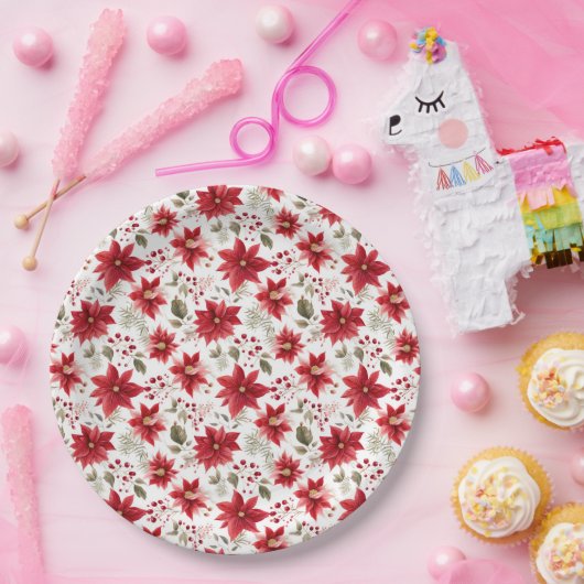 Assiettes En Carton Rouge poinsettia Fleurs de Noël Berries Fêtes (Fête)