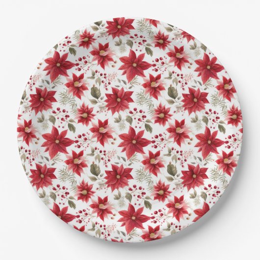 Assiettes En Carton Rouge poinsettia Fleurs de Noël Berries Fêtes (Devant)