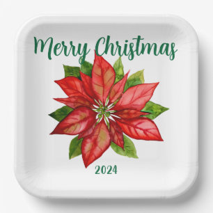 Assiettes En Carton Rouge Poinsettia Floral Winter Christmas Party Pap
