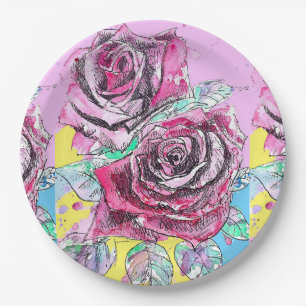 Assiettes En Carton Rouge Rose Motif Art Papier de la Fleur Plaque