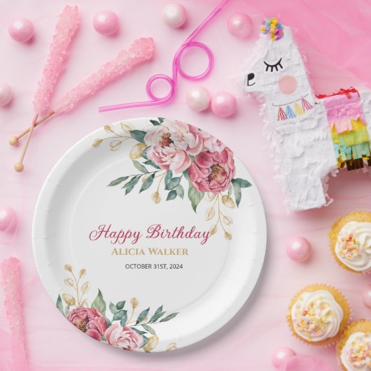 Assiettes En Carton Rouge rose Peony Gold Leaf Verdure Anniversaire Br (Fête)