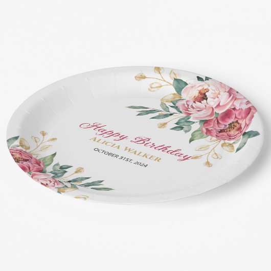 Assiettes En Carton Rouge rose Peony Gold Leaf Verdure Anniversaire Br (Angle)