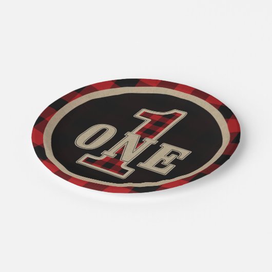 Assiettes En Carton Rouge rustique Buffle Noir Plaid 1ère fête d'anniv (Angle)