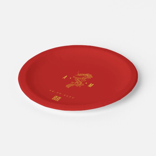 Assiettes En Carton Rouge solide | Double Happy Dragon Monogramme (Angle)