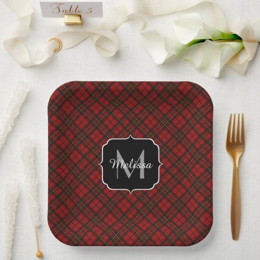 Assiettes En Carton Rouge tartan Noël plaid hiver motif Monogramme (Mariage)