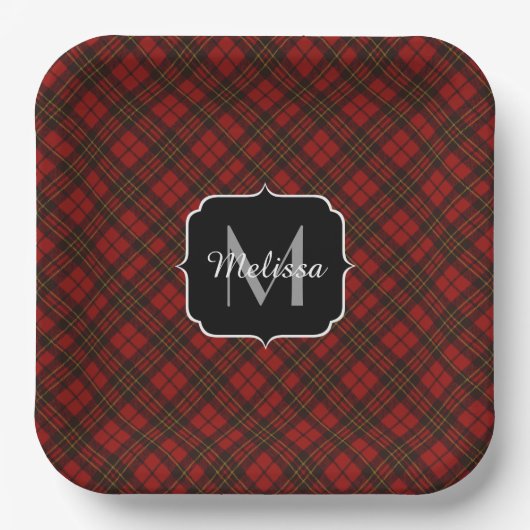 Assiettes En Carton Rouge tartan Noël plaid hiver motif Monogramme (Recto)