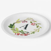 Assiettes En Carton Rouge + vert aquarelle feuillage initial Noël  (Angle)