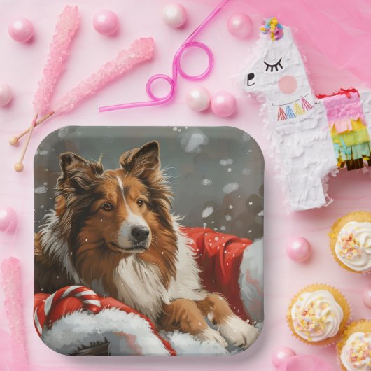 Assiettes En Carton Rough Collie Chien Festif de Noël (Fête)