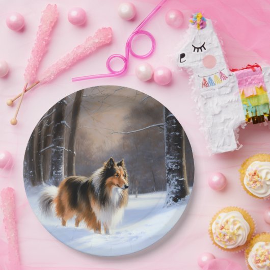 Assiettes En Carton Rough Collie Laisser Neige Noël (Fête)