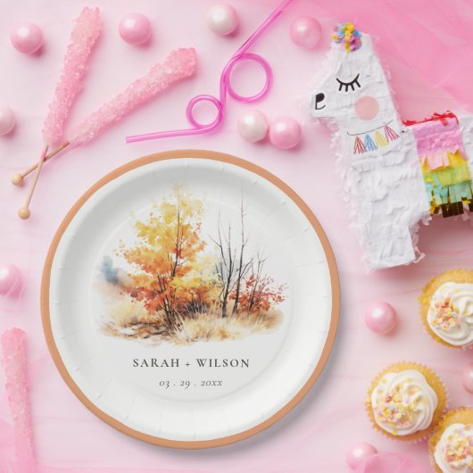 Assiettes En Carton Rouille Jaune Automne Automne Paysage Plaid Mariag (Fête)