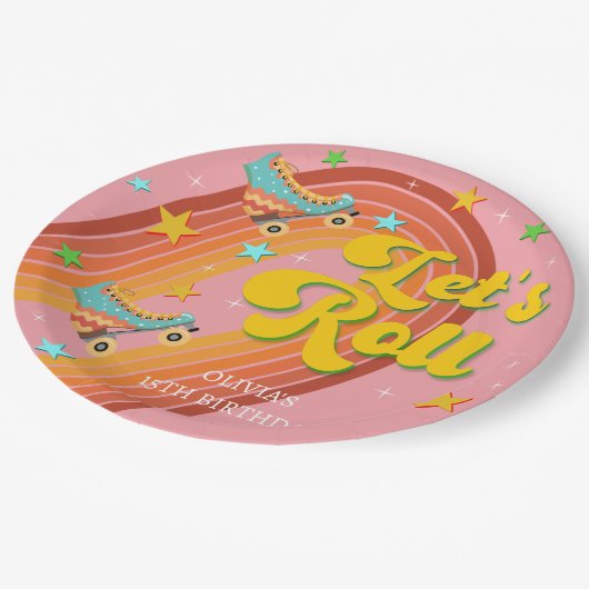 Assiettes En Carton Roulons roller skate rétro arc-en-ciel (Angle)