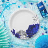 Assiettes En Carton royal bleu & argent fleurs botaniques (Fête)