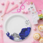 Assiettes En Carton royal bleu & argent fleurs botaniques (Fête)