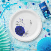 Assiettes En Carton royal bleu & argent fleurs botaniques (Fête)
