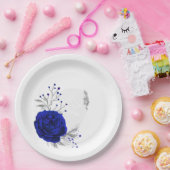 Assiettes En Carton royal bleu & argent fleurs botaniques (Fête)