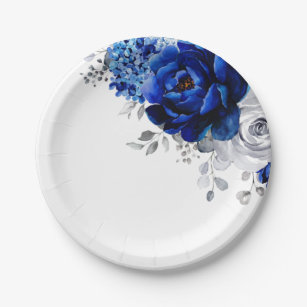 Assiettes En Carton Royal Bleu Blanc Argent Métallique Mariage Floral 