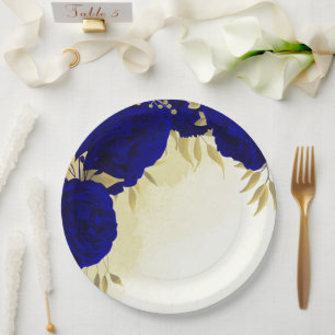 Assiettes En Carton Royal bleu fleurs or feuille mariage