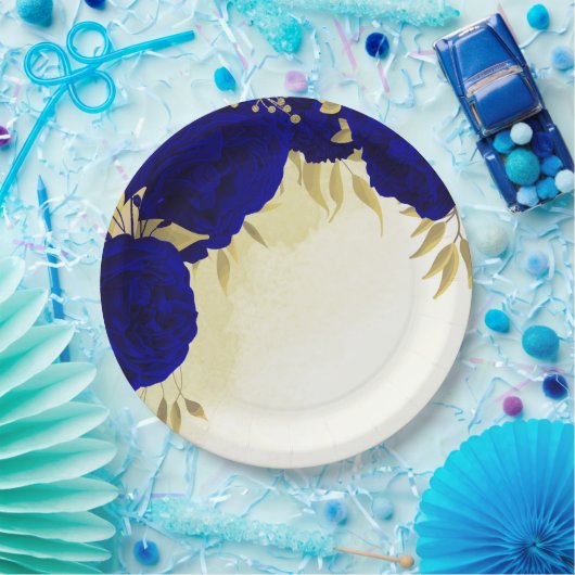 Assiettes En Carton Royal bleu fleurs or feuille mariage (Fête)