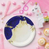 Assiettes En Carton Royal bleu fleurs or feuille mariage (Fête)