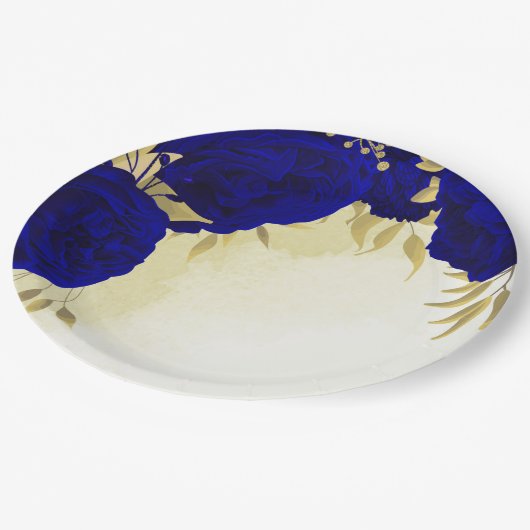 Assiettes En Carton Royal bleu fleurs or feuille mariage (Angle)