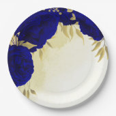 Assiettes En Carton Royal bleu fleurs or feuille mariage (Devant)