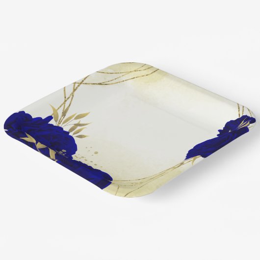 Assiettes En Carton Royal bleu fleurs or feuille mariage (Angulaire)