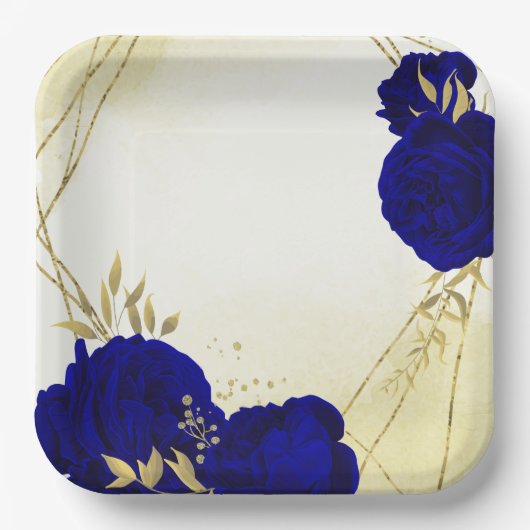 Assiettes En Carton Royal bleu fleurs or feuille mariage (Recto)