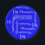 Assiettes En Carton Royal Blue 18th Birthday Party Liste des noms<br><div class="desc">CHOISISSEZ VOTRE COULEUR et créez votre propre plaque de papier élégante et personnalisée pour une fête du 18e anniversaire ou toute autre occasion. Le nom et l'âge se répètent en blanc. Ce style est par défaut un arrière - plan bleu vif, mais vous pouvez cliquer sur CUSTOMISER pour sélectionner facilement...</div>