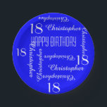 Assiettes En Carton Royal Blue 18th Birthday Party Liste des noms<br><div class="desc">CHOISISSEZ VOTRE COULEUR et créez votre propre plaque de papier élégante et personnalisée pour une fête du 18e anniversaire ou toute autre occasion. Le nom et l'âge se répètent en blanc. Ce style est par défaut un arrière - plan bleu vif, mais vous pouvez cliquer sur CUSTOMISER pour sélectionner facilement...</div>