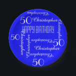 Assiettes En Carton Royal Blue 50th Birthday Party Répéter les noms<br><div class="desc">CHOISISSEZ VOTRE COULEUR et créez votre propre plaque de papier élégante et personnalisée pour une fête du 50e anniversaire ou toute autre occasion. Le nom et l'âge se répètent en blanc. Ce style est par défaut un arrière - plan bleu vif, mais vous pouvez cliquer sur CUSTOMISER pour sélectionner facilement...</div>