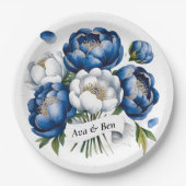 Assiettes En Carton Royal Blue and Silver Glittery Peony Mariage (Devant)