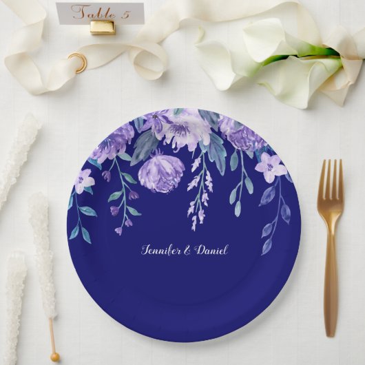 Assiettes En Carton Royal Blue aquarelle fleurs Plaques de papier (Mariage)