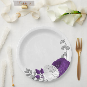 Assiettes En Carton royal violet et fleurs blanches argent