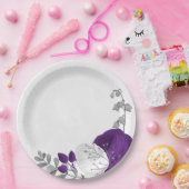 Assiettes En Carton royal violet et fleurs blanches argent (Fête)