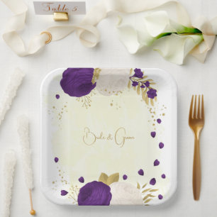Assiettes En Carton royal violet & fleurs blanches or