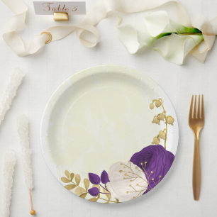 Assiettes En Carton royal violet & fleurs blanches or