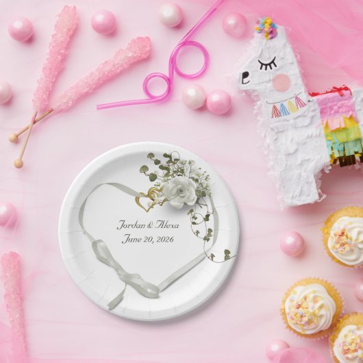 Assiettes En Carton ruban mariage blanc avec rose (Fête)