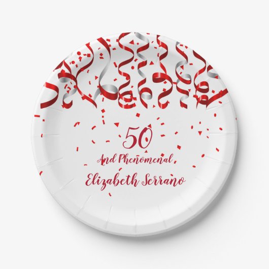 Assiettes En Carton Rubans Rouges Et Confetti Anniversaire (Devant)