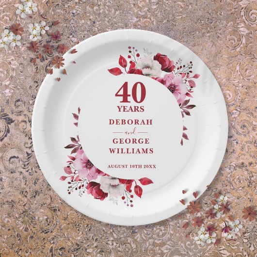 Assiettes En Carton Ruby Moderne Floral 40e Anniversaire Mariage