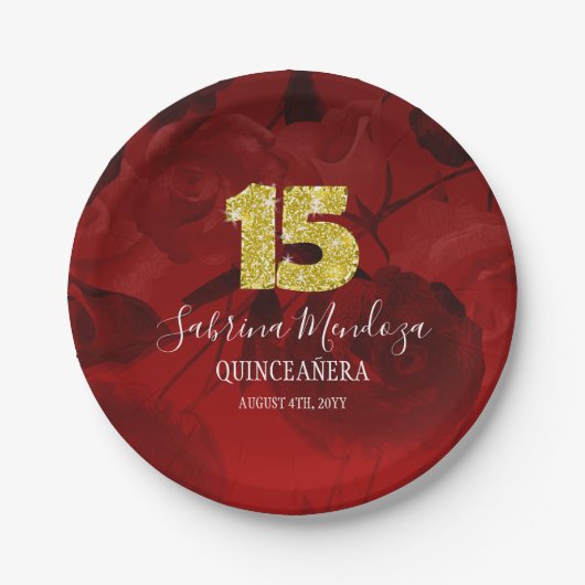 Assiettes En Carton Ruby Red Quinceanera Gold #15 Plaques en papier (Devant)