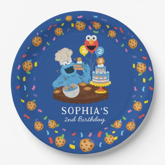 Assiettes En Carton Rue Sésame | Gâteau d'anniversaire du Cookie Monst (Devant)