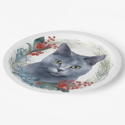 Assiettes En Carton Russe Blue Chat Noël Wreath Festive Kitten (Angle)