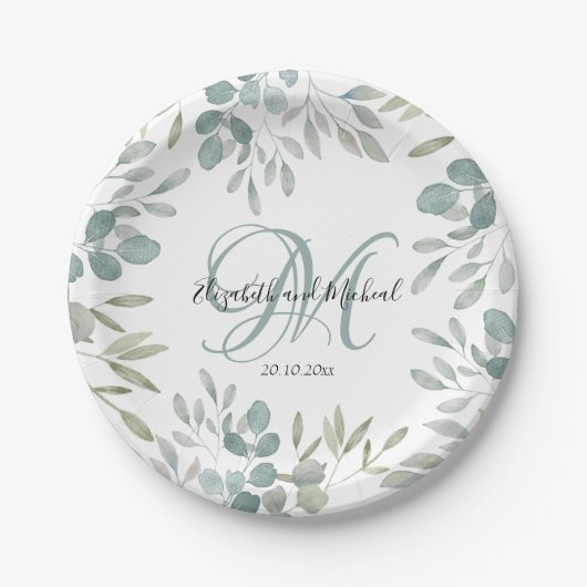 Assiettes En Carton Russe Eucalyptus Sage Vert Mariage d'aquarelle (Devant)